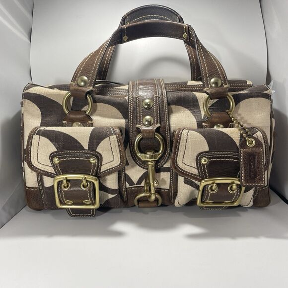 Vintage Y2K Coach Limited Edition Mandy Legacy Brown & Cream Turn Knob Tag - Picture 1 of 15